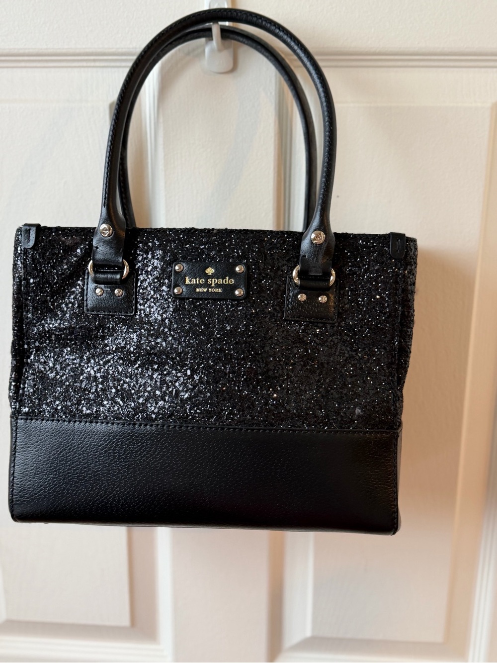 kate spade Black Glitter Satchel with Leather Trim